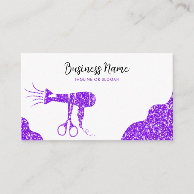 Elegant Purple Glitter Hair Dryer Hairdresser Appointment Card (Front)