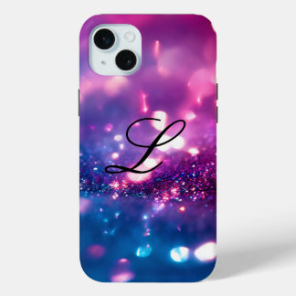 Elegant Purple Glitter Monogram iPhone 15 Mini Case