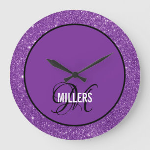 Elegant purple glitter monogram family name large clock