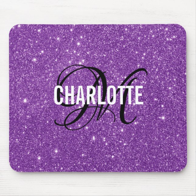 Elegant purple glitter monogram name mouse pad (Front)
