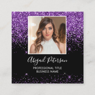 Elegant Purple Glitter Photo QR Code Black Square Business Card