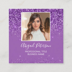 Elegant Purple Glitter Photo QR Code Square Business Card