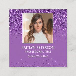 Elegant Purple Glitter Photo QR Code Square Business Card