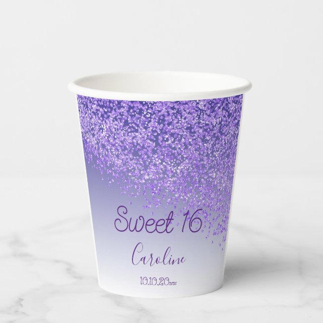 Elegant Purple Glitter Sweet 16 Birthday Paper Cups (Front)