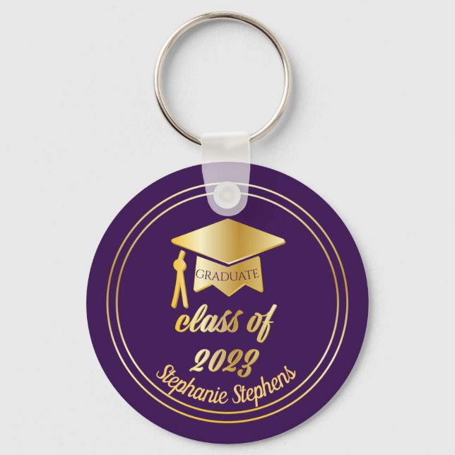Elegant Purple |Gold 2022 Graduate Cap Graduation  Key Ring (Front)