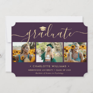 Elegant Purple Gold 4 Photo Graduation Announcement
