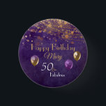 Elegant Purple Gold 50 Fabulous Happy Birthday 3 Cm Round Badge<br><div class="desc">Personalise this beautiful and glamourous purple and gold 50 & Fabulous button for that special 50th milestone birthday celebration. Great for all the guests!  Check out my Purple Glam 50 & Fabulous collection for more items in this design.</div>