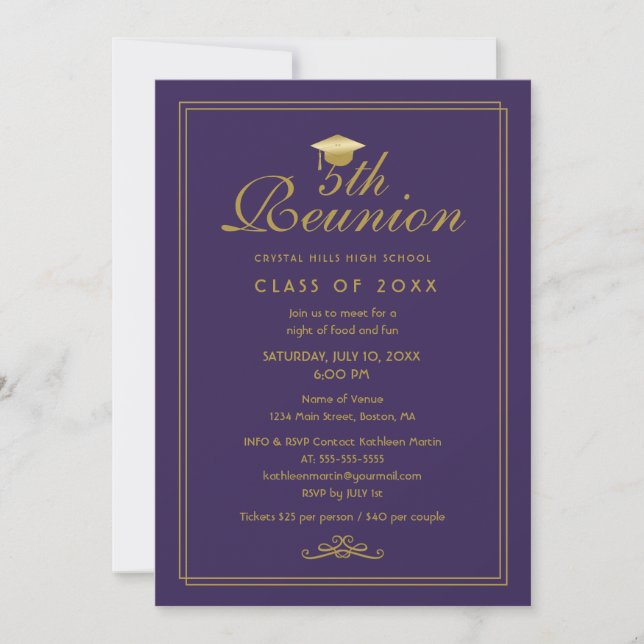 Elegant Purple Gold 5th Class Reunion Invitation (Front)