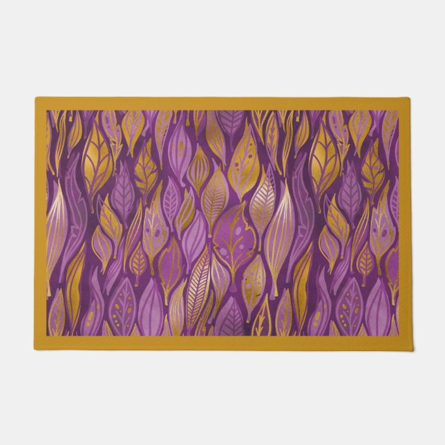 Elegant Purple Gold Abstract Foliage Pattern Doormat (Front)
