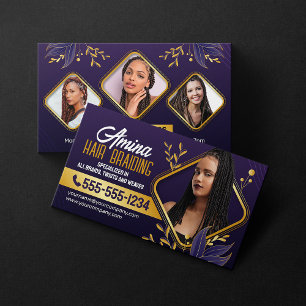 Elegant Purple & Gold African Hair Braiding Photo Business Card
