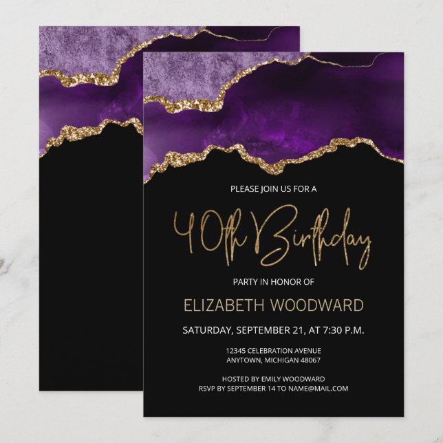 Elegant Purple Gold Agate 40th Birthday Invitation (Front/Back)