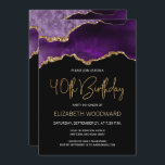 Elegant Purple Gold Agate 40th Birthday Invitation<br><div class="desc">This elegant 40th birthday invitation features a watercolor image of an agate geode in shades of purple with faux gold highlights. The words "40th Birthday" appear in faux gold glitter in decorative modern handwriting font. Customise it with the name of the honoree in gold coloured text and the details in...</div>