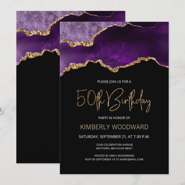 Elegant Purple Gold Agate 50th Birthday Party Invitation (Front/Back)