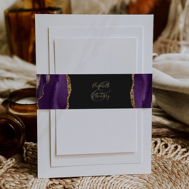 Elegant Purple Gold Agate Dark Wedding Invitation Belly Band (Creator Uploaded)