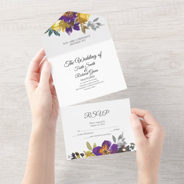 Elegant Purple Gold all in One Wedding Invitation (Tearaway)