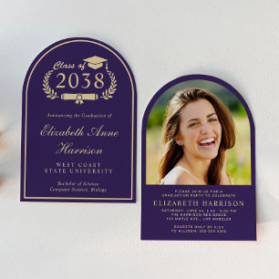 Elegant Purple Gold Arch Photo Graduation Party Invitation