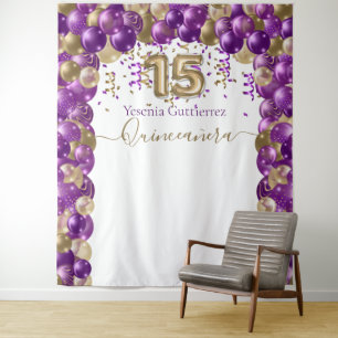 Elegant Purple Gold Balloon Arch Quinceanera Tapestry