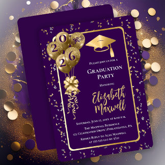 Elegant Purple Gold Balloons Graduation Party Invitation