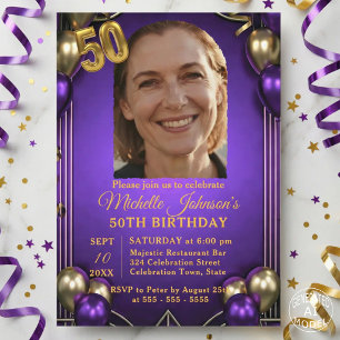 Elegant Purple & Gold Balloons Photo 50th Birthday Invitation