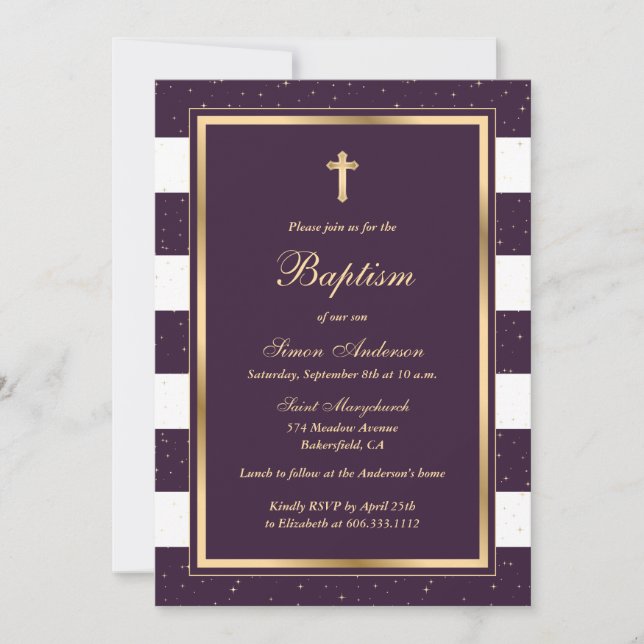 Elegant Purple Gold Baptism Invitation (Front)