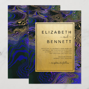 Elegant Purple Gold Black Agate Marble Wedding Invitation