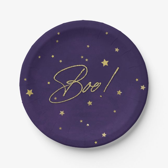 Elegant Purple/Gold Boo! Halloween Party Paper Plate (Front)