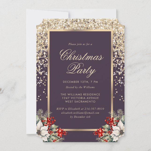 Elegant Purple Gold Botanical Christmas Party Invitation (Front)