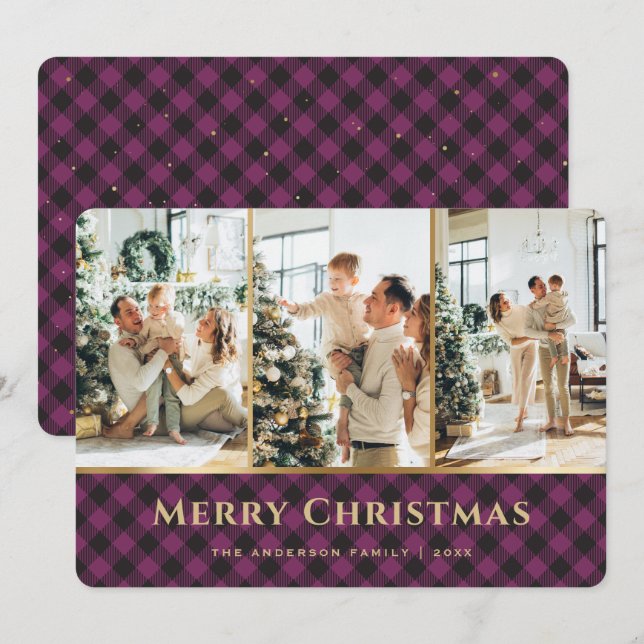 Elegant Purple Gold Buffalo Plaid Photo Christmas Holiday Card (Front/Back)