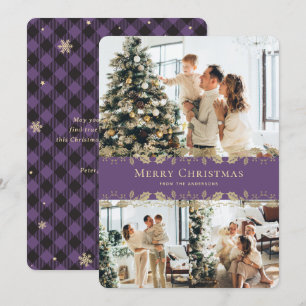 Elegant Purple Gold Buffalo Plaid Photo Christmas Holiday Card
