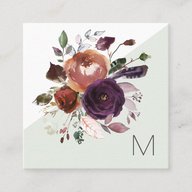 Elegant Purple Gold Burgundy Floral Monogram Square Business Card (Front)