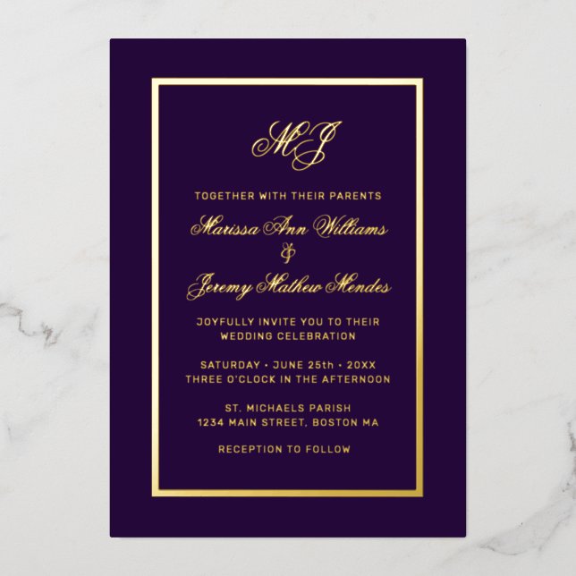 Elegant Purple Gold Calligraphy Script Wedding (Front)