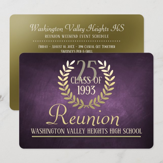 Elegant Purple|Gold Class Reunion Invitation (Front/Back)