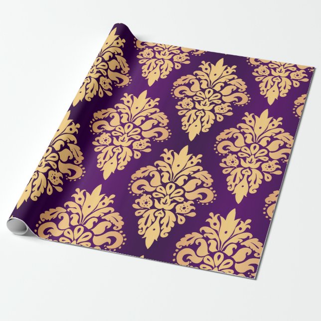 Elegant Purple Gold Classic Damask Pattern Wrapping Paper (Unrolled)
