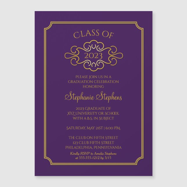 Elegant Purple | Gold College Graduation Party Inv Magnetic Invitation (Front)