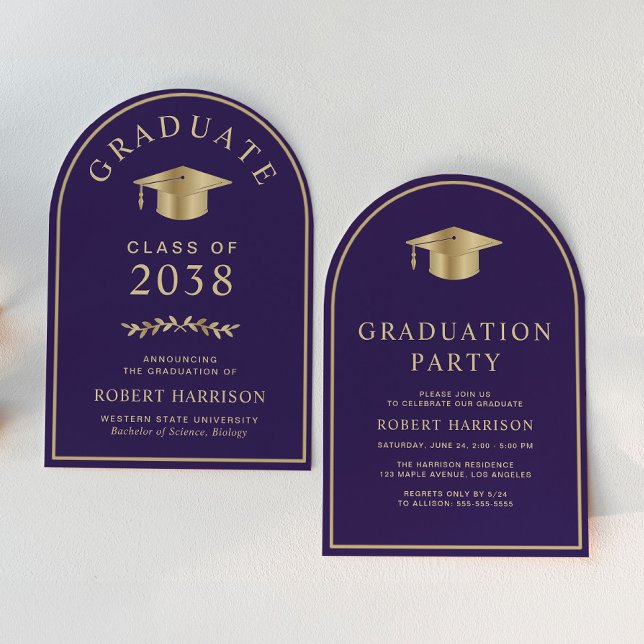 Elegant Purple Gold College Graduation Party Invitation (An elegant arch-shaped college graduation party invitation to celebrate the graduate's achievements)