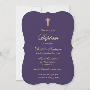 Elegant Purple Gold Cross Script Girl Baptism Invitation