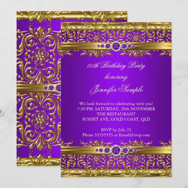Elegant Purple Gold Damask Diamond Birthday Invitation (Front/Back)