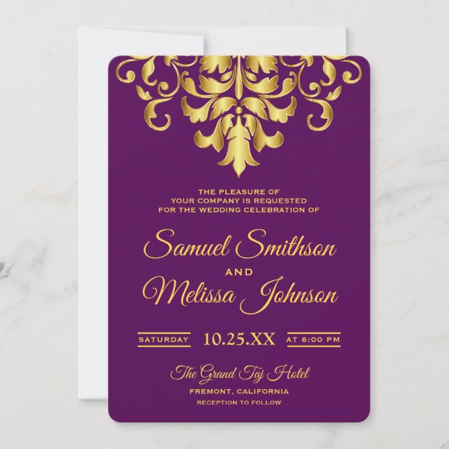 Elegant Purple Gold Damask Wedding Invitation (Front)