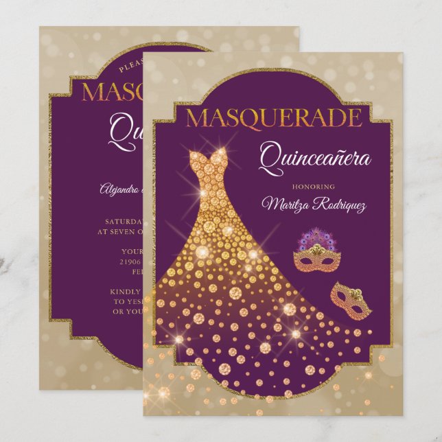 Elegant Purple Gold Diamond Quinceañera Masquerade Invitation (Front/Back)