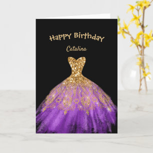 Elegant Purple Gold Dress Black Birthday Card