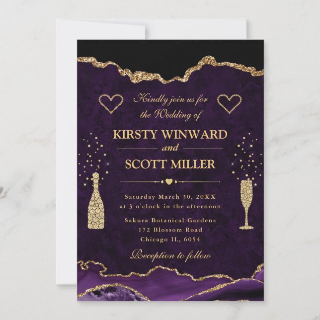 Elegant Purple & Gold Faux Glitter Agate Wedding Invitation (Front)