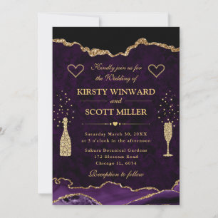 Elegant Purple & Gold Faux Glitter Agate Wedding Invitation