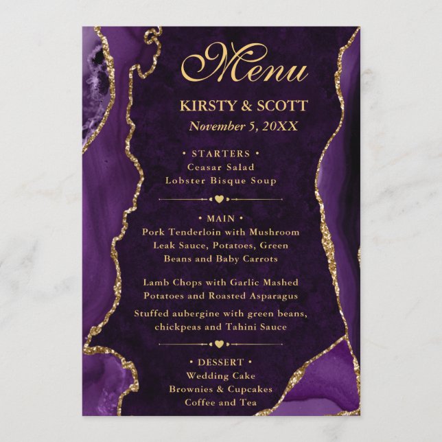 Elegant Purple & Gold Faux Glitter Agate Wedding Menu (Front)