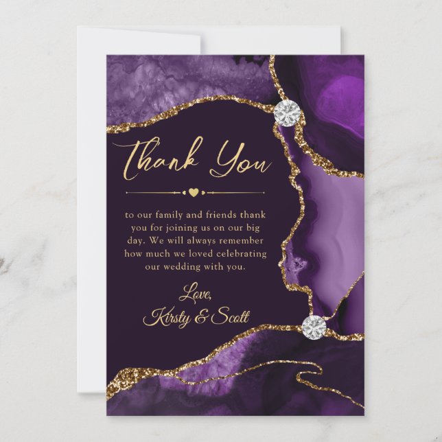 Elegant Purple & Gold Faux Glitter Agate Wedding Thank You Card (Front)