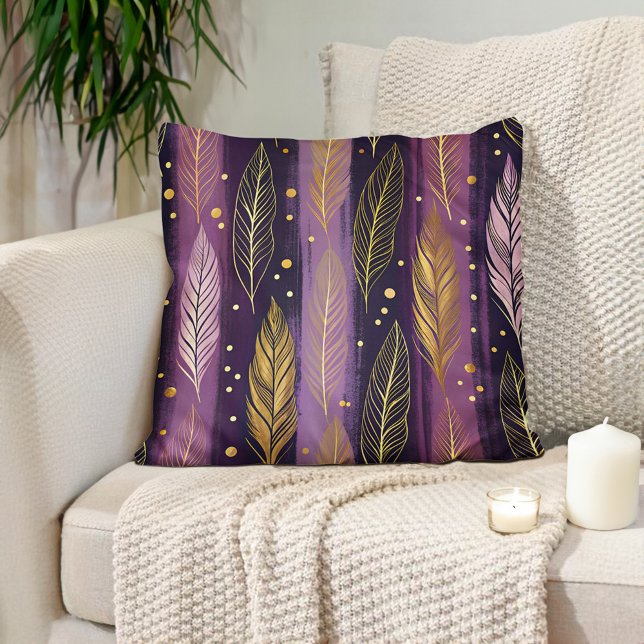 Elegant Purple Gold Feather Boho  Cushion (Elegant purple with gold feather decorator pillow)