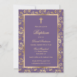 Elegant Purple Gold Floral Boy Baptism Invitation