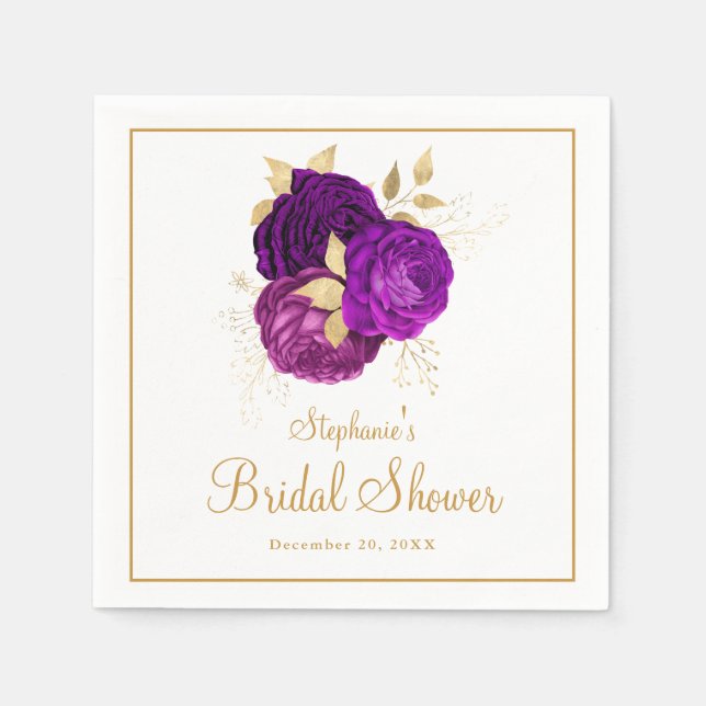 Elegant Purple Gold Floral Bridal Shower Napkin (Front)