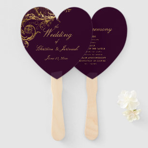 Elegant Purple Gold Floral Damask Script Wedding Hand Fan