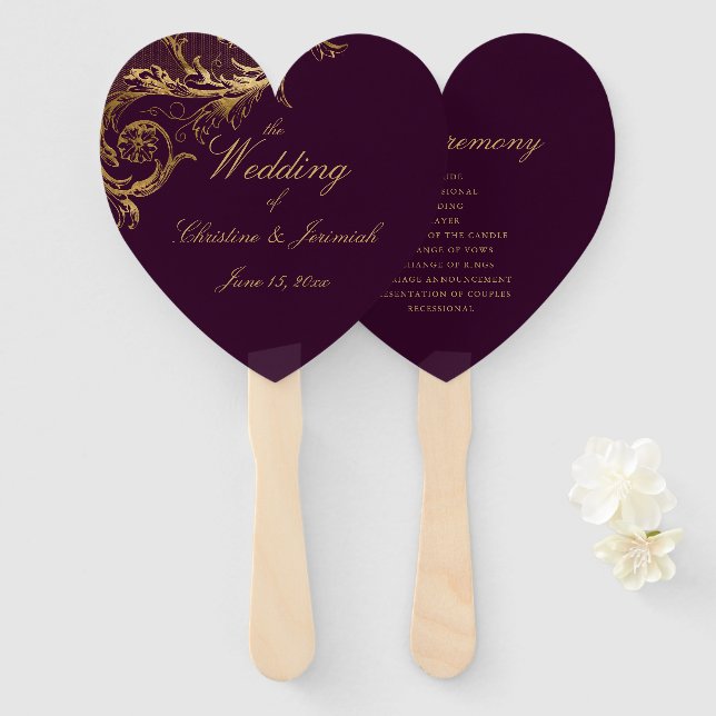 Elegant Purple Gold Floral Damask Script Wedding Hand Fan (Front and Back)