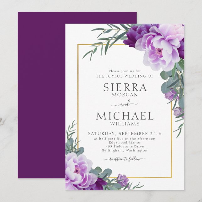 Elegant Purple & Gold Floral Eucalyptus Wedding Invitation (Front/Back)